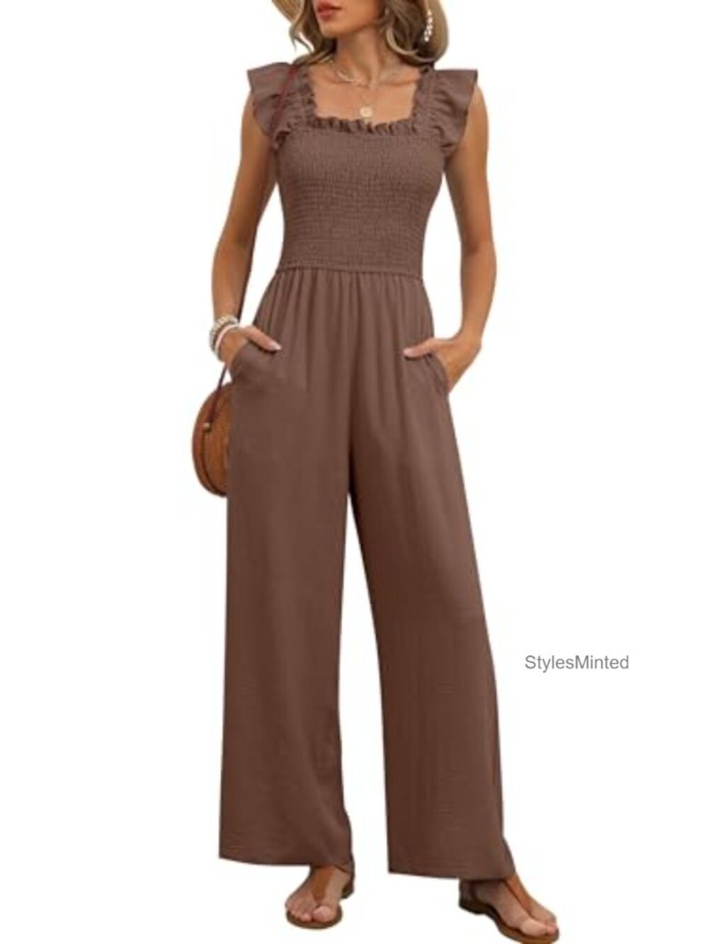 Caracilia Women's Smocked Square Neck Wide Leg Jumpsuit Dressy Casual